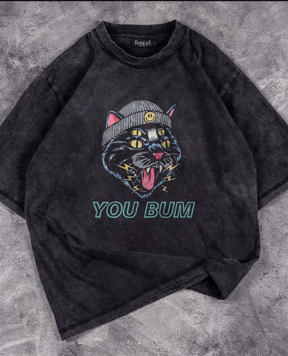 ESC BUTİK Yıkamalı You Bum Cat Baskılı Unisex Oversize Vintage Eskitme T-shirt