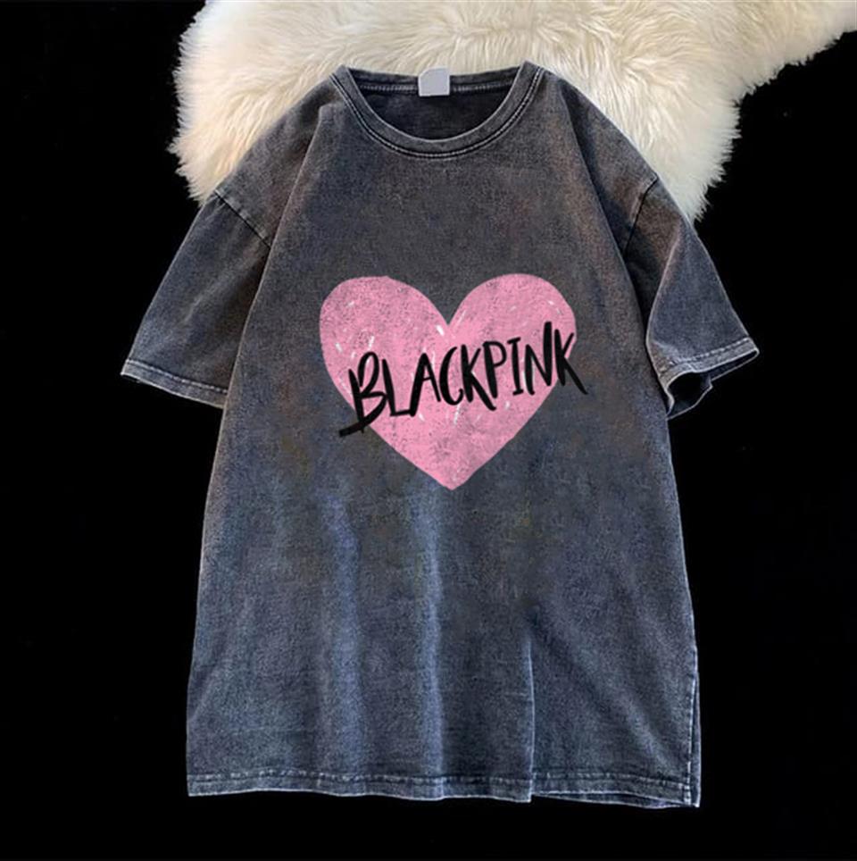 ESC BUTİK Yıkamalı Black Pink Heart Unisex Eskitme T-shirt