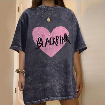 ESC BUTİK Yıkamalı Black Pink Heart Unisex Eskitme T-shirt