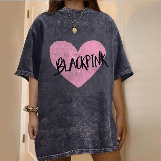 ESC BUTİK Yıkamalı Black Pink Heart Unisex Eskitme T-shirt