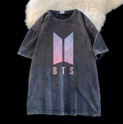 ESC BUTİK Yıkamalı BTS Logo Unisex Eskitme T-shirt