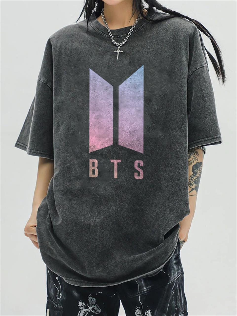 ESC BUTİK Yıkamalı BTS Logo Unisex Eskitme T-shirt