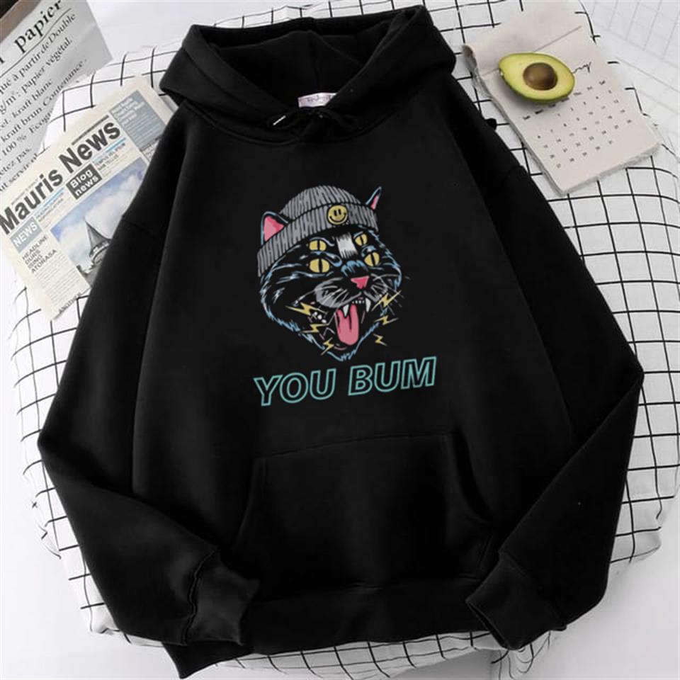 ESC BUTİK You Bum Cat Baskılı Siyah Unisex Oversize Kapüşonlu Sweatshirt