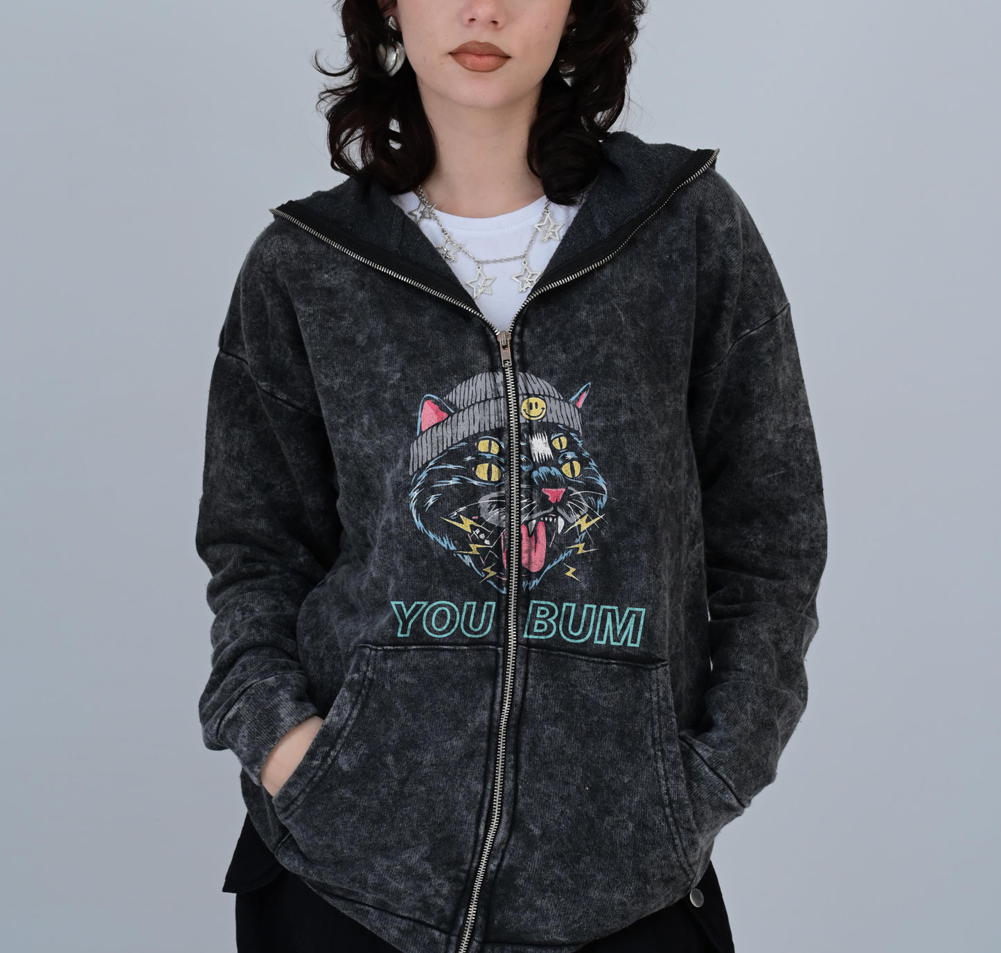 ESC BUTİK You Bum Cat Baskılı Vintage Yıkamalı Full Zip Detail Unisex Oversize Kapüşonlu Hırka