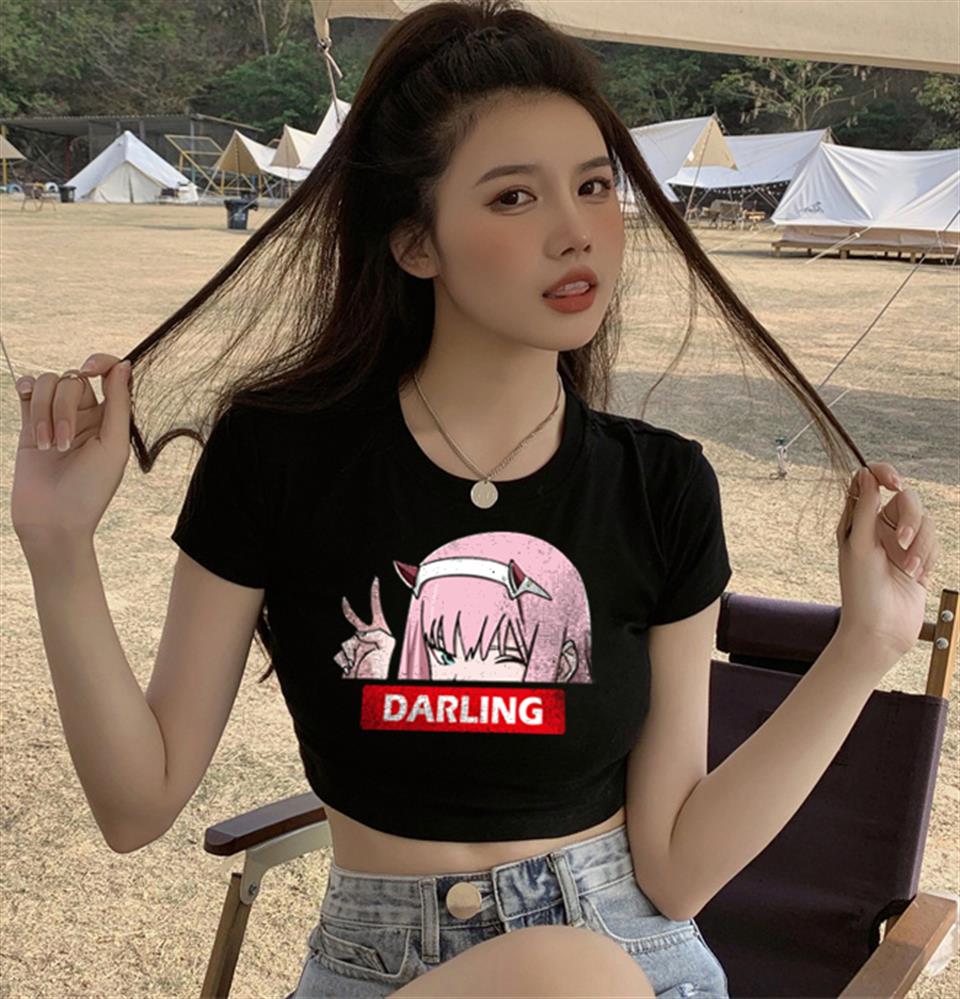 ESC BUTİK Zero Two Darling Baskılı Siyah Crop