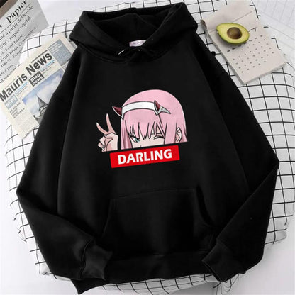 ESC BUTİK Zero Two Darling Baskılı Siyah Unisex Oversize Kapüşonlu Sweatshirt