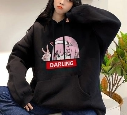 ESC BUTİK Zero Two Darling Baskılı Siyah Unisex Oversize Kapüşonlu Sweatshirt