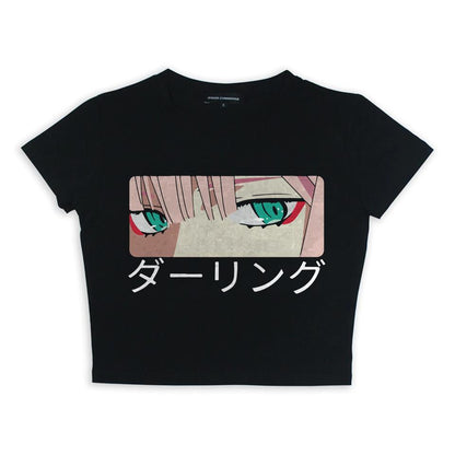 ESC BUTİK Zero Two Eyes Baskılı Siyah Crop