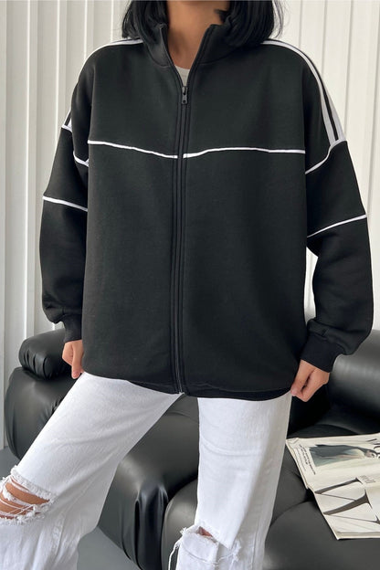 Hoodie Outdoor Kadın Siyah 3 İplik Fermuarlı Şeritli Oversize Ceket