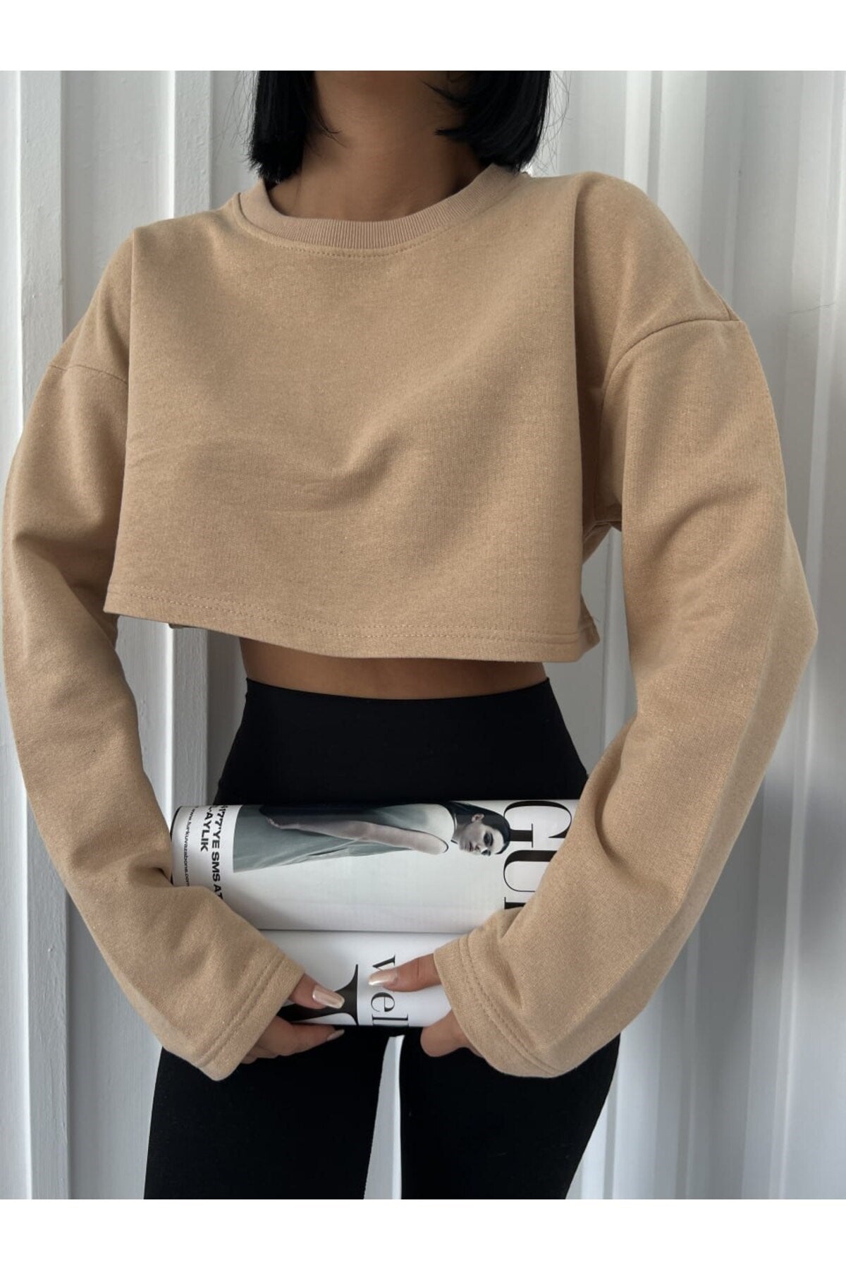 Atelier Bej Crop Bisiklet Yaka Sweatshirt Outdoor Streetwear Y2K