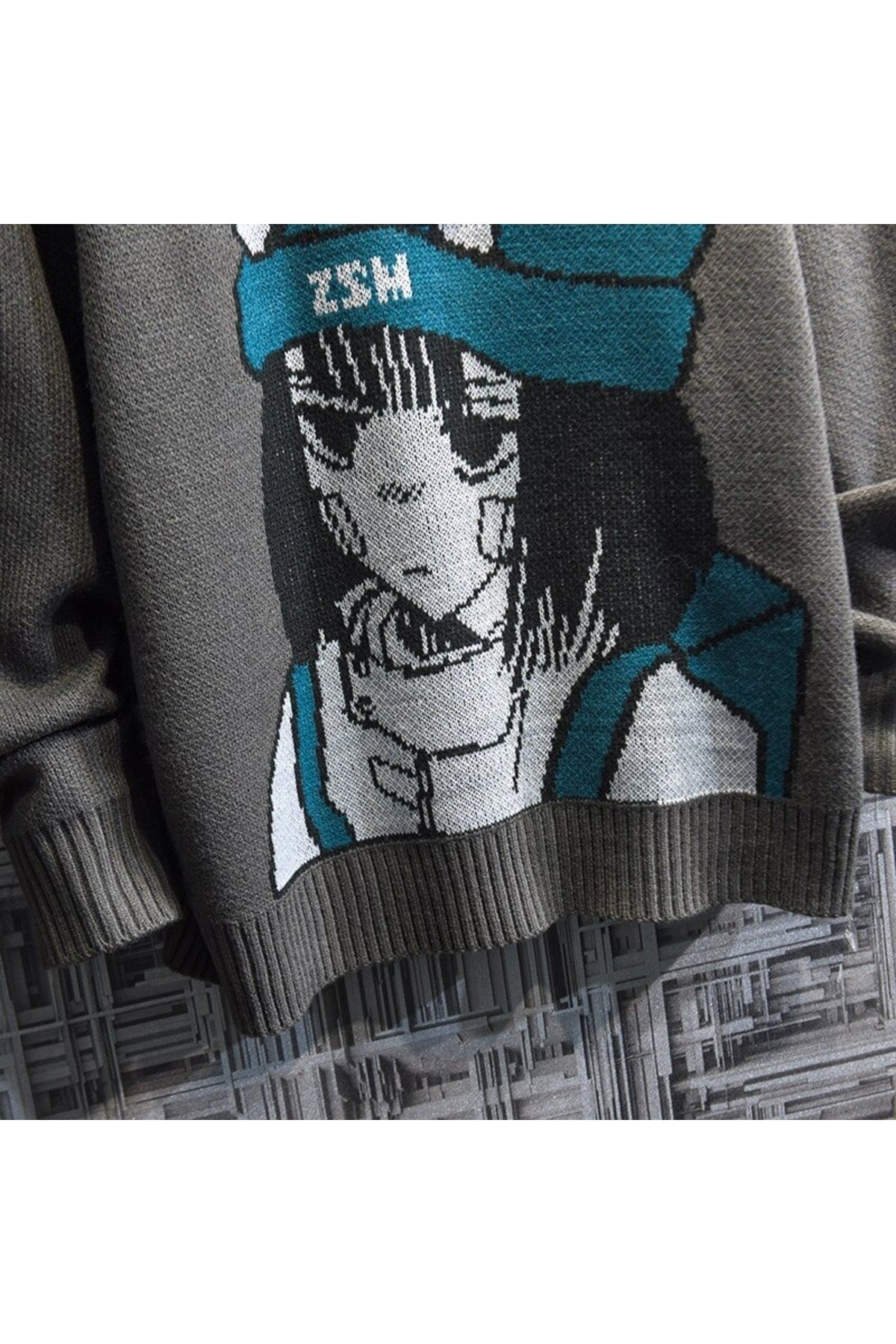 Harajuku Cartoon Anime Sokak Tarzı Oversize Relaxed Unisex Antrasit Kazak