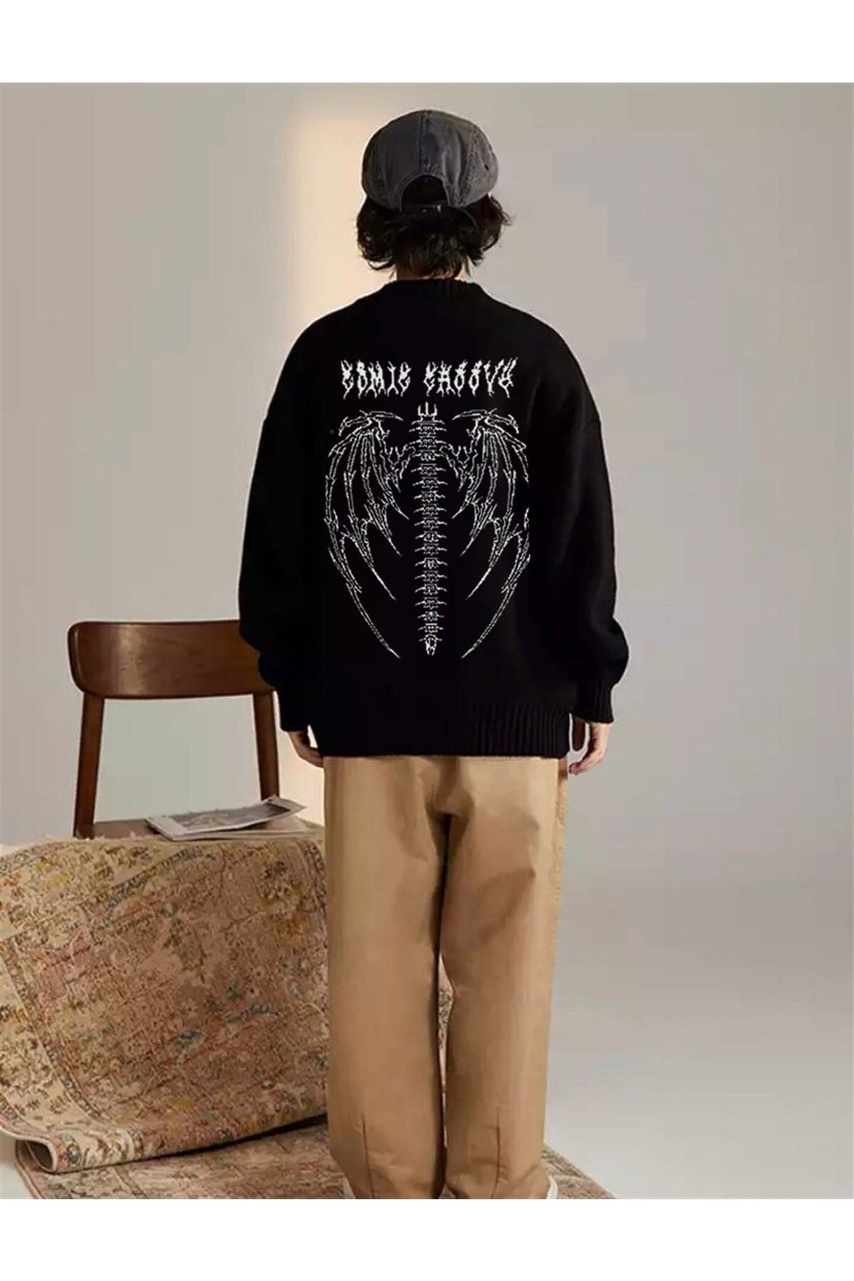 Harajuku Siyah Tribal Ön Arka Işlemeli Oversize Unisex Kazak