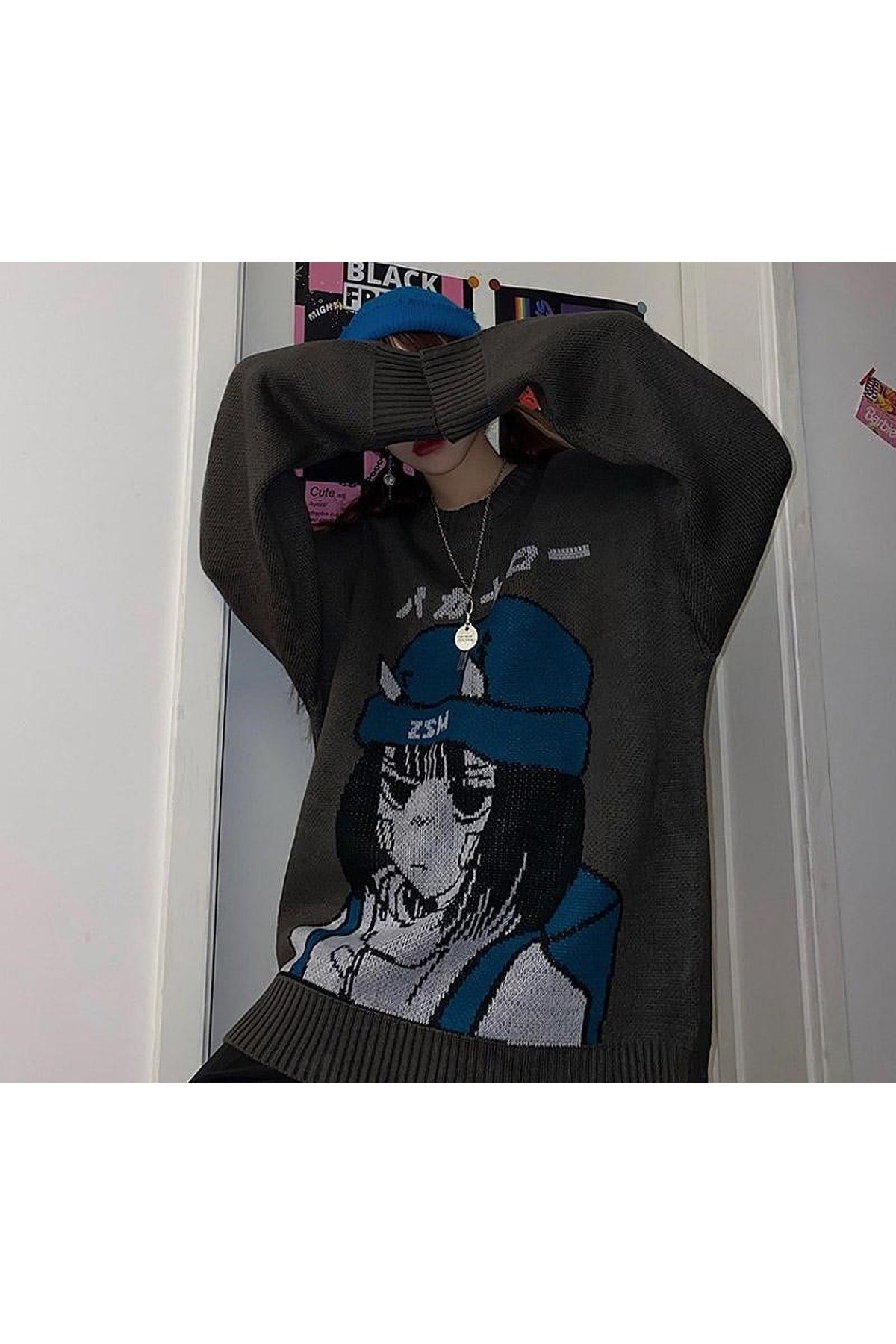 Harajuku Cartoon Anime Sokak Tarzı Oversize Relaxed Unisex Antrasit Kazak