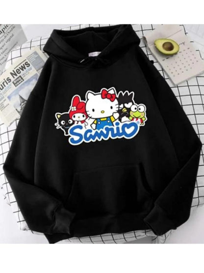 Anime Sanrio Hello Kity Hoodie Outdoor Gotik Siyah Kapşonlu Sweatshirt  Daily