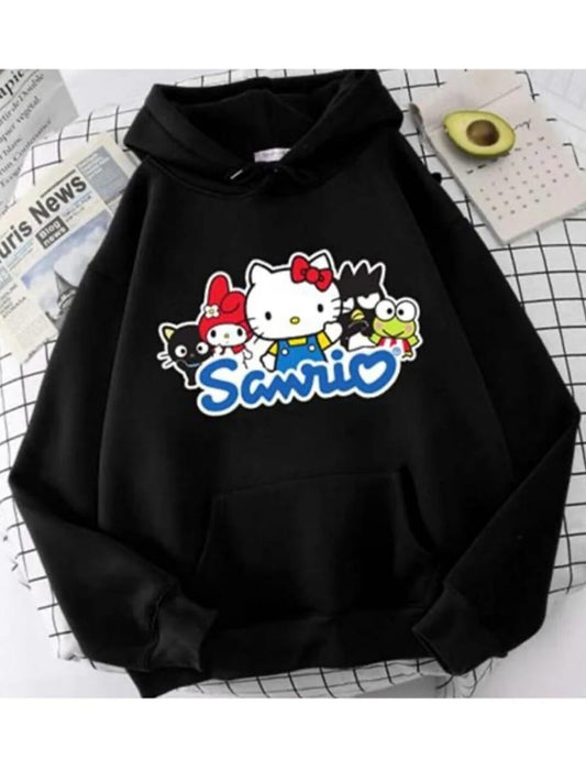 Anime Sanrio Hello Kity Hoodie Outdoor Gotik Siyah Kapşonlu Sweatshirt  Daily