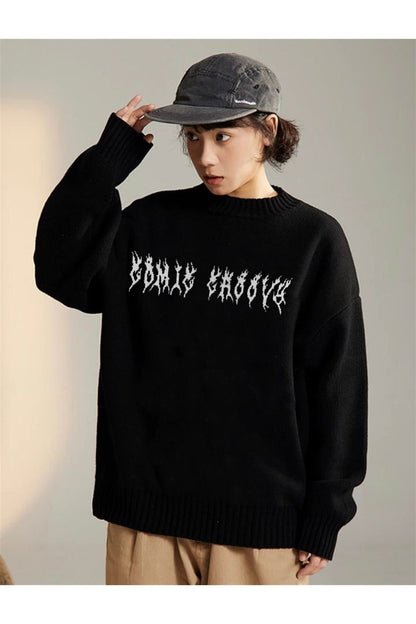 Harajuku Siyah Tribal Ön Arka Işlemeli Oversize Unisex Kazak