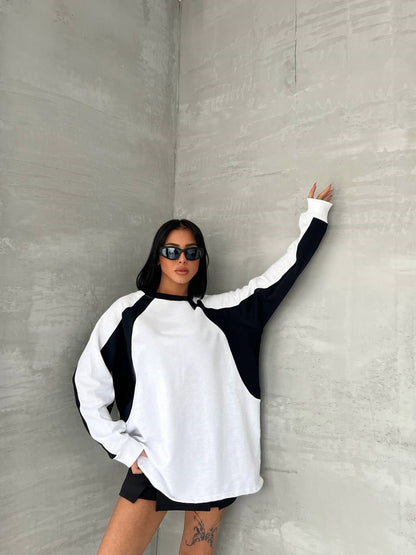 Day Light Y2K Streetwear Line Detail Unisex Oversize Bisiklet Yaka Siyah Sweatshirt