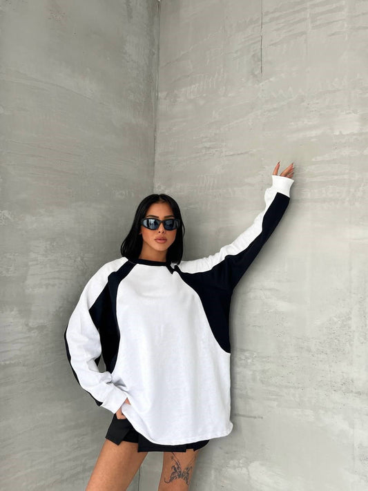 Day Light Y2K Streetwear Line Detail Unisex Oversize Bisiklet Yaka Siyah Sweatshirt