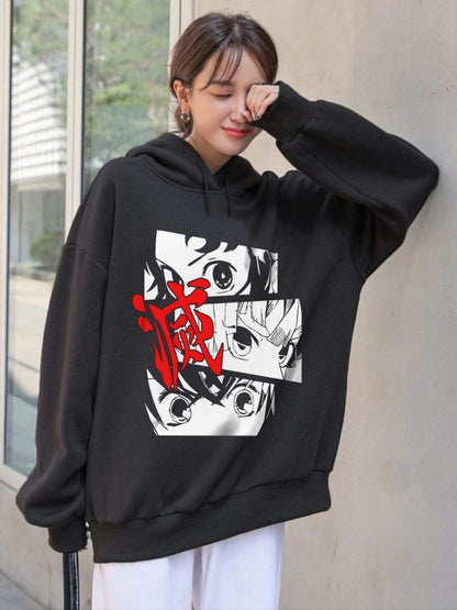 Anime Nezuko Hoodie Outdoor Gotik Siyah Kapşonlu Sweatshirt  Daily