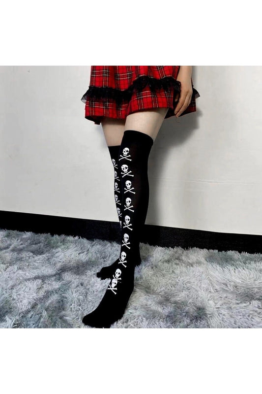 Gothic Punk Harajuku Kuru Kafa Siyah Diz Üstü Çorap