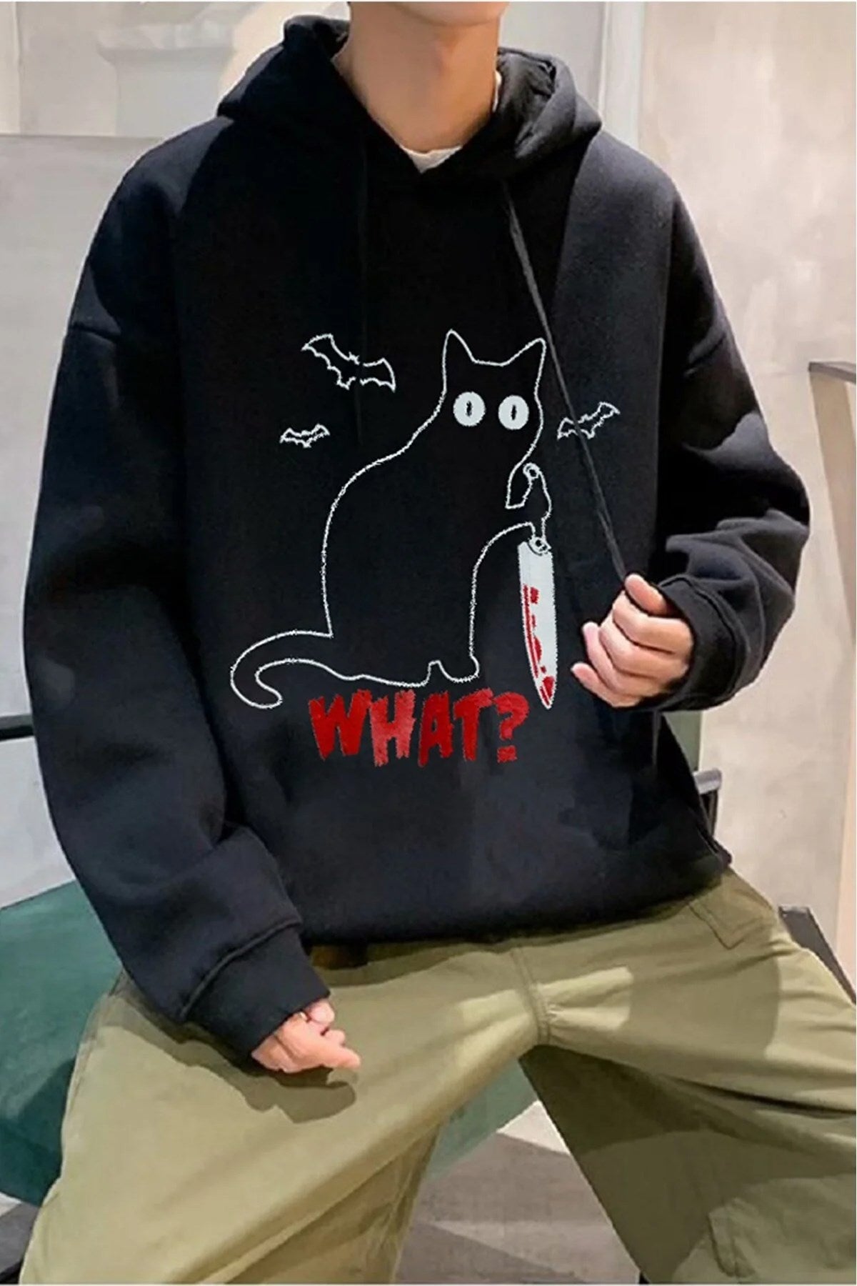 Anime Cat What Hoodie Outdoor Gotik Siyah Kapşonlu Sweetshirt  Daily