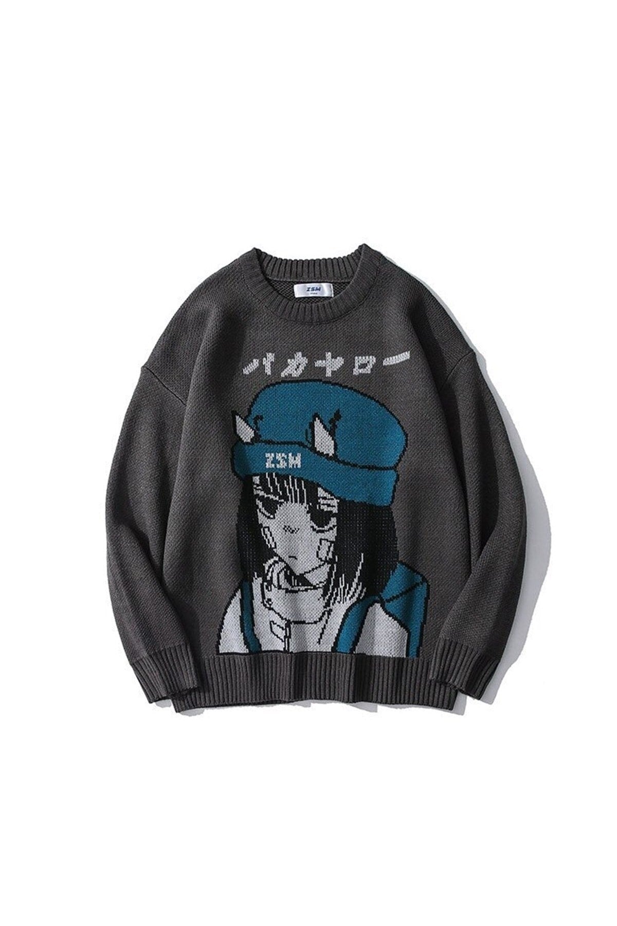 Harajuku Cartoon Anime Sokak Tarzı Oversize Relaxed Unisex Antrasit Kazak