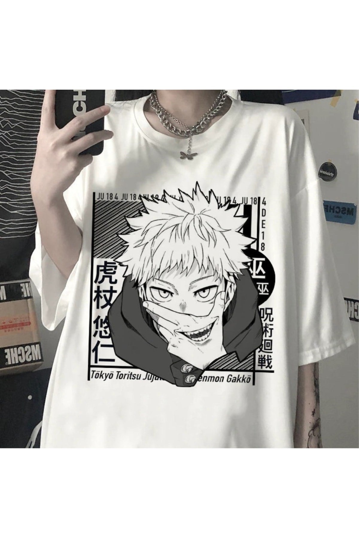 Anime Jujutsu Kaisen Barcode Beyaz (UNİSEX) T-shirt