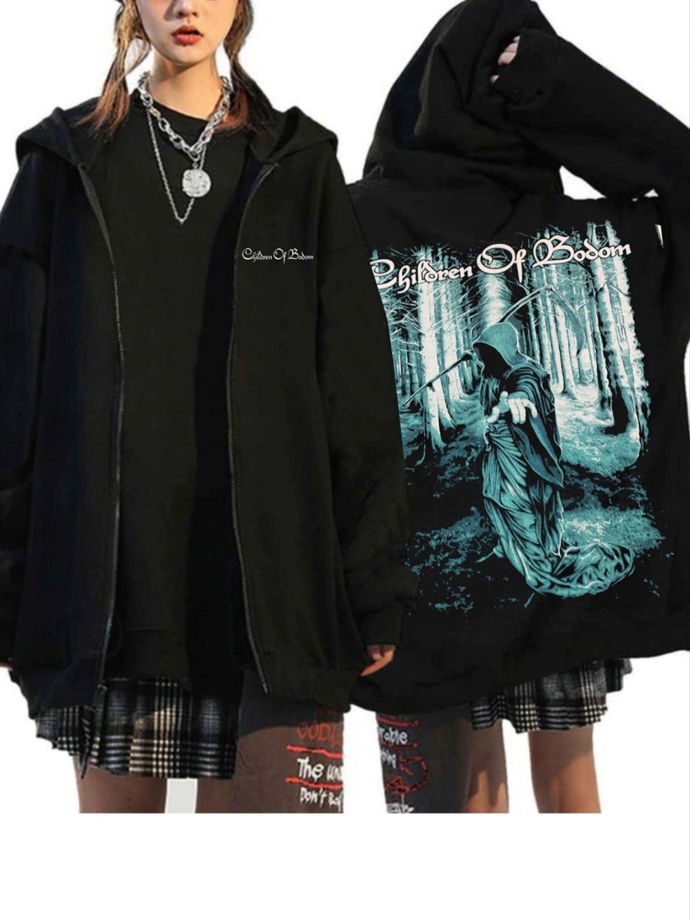 Childrom Of Bodom Arka Ve Ön Baskılı  Hoodie Outdoor Gotik Siyah Kapşonlu Sweatshirt  Daily