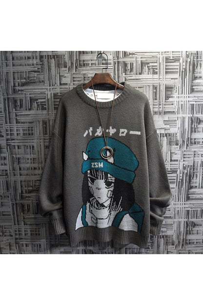 Harajuku Cartoon Anime Sokak Tarzı Oversize Relaxed Unisex Antrasit Kazak