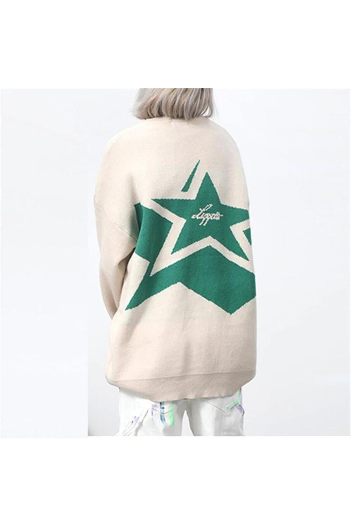 Day Light  Y2K Vintage Harajuku Star Capitol Ön Arka Baskılı Unisex Oversize Ecru Kazak