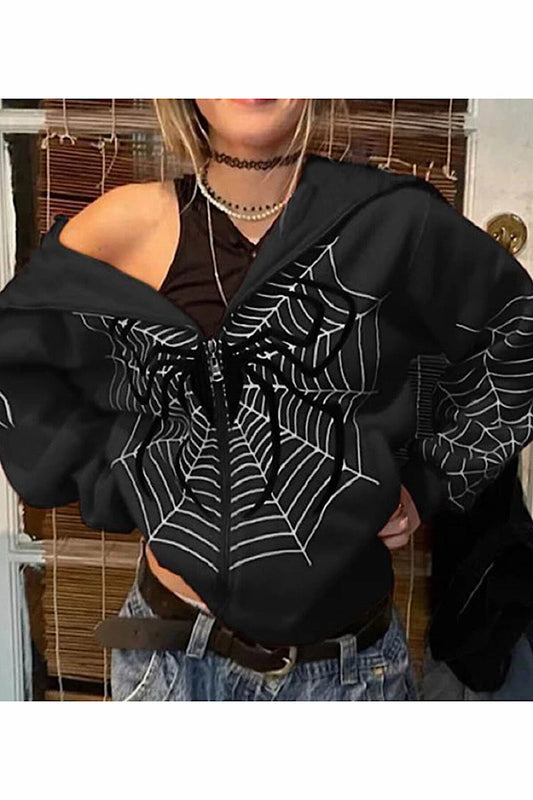 Siyah Allover Spider Kalın Kumaş Fermuarlı Unisex Kapüşonlu Sweatshirt