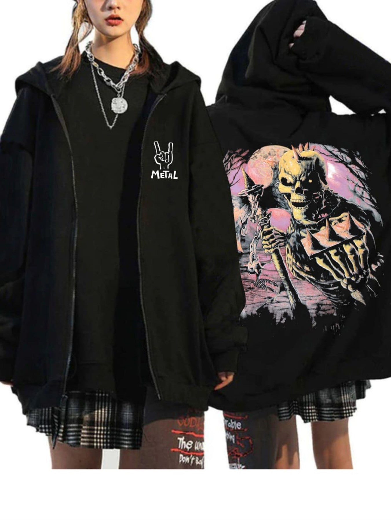 Anime Skeleton Live  Arka Ve Ön Baskılı  Hoodie Outdoor Gotik Siyah Kapşonlu Sweatshirt 