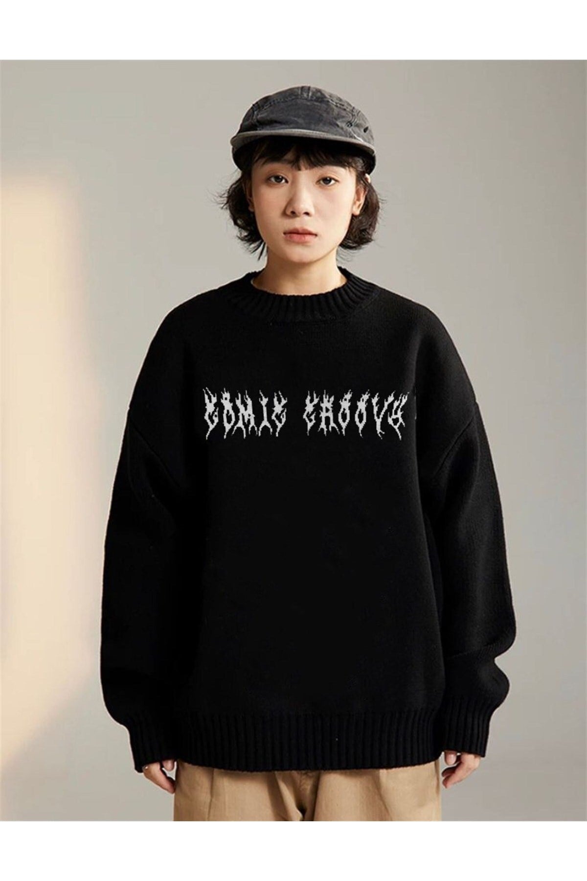 Harajuku Siyah Tribal Ön Arka Işlemeli Oversize Unisex Kazak