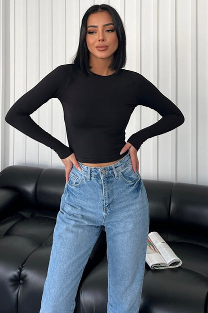 DailyFashion Kadın Siyah Pamuk Penye Crop Bluz