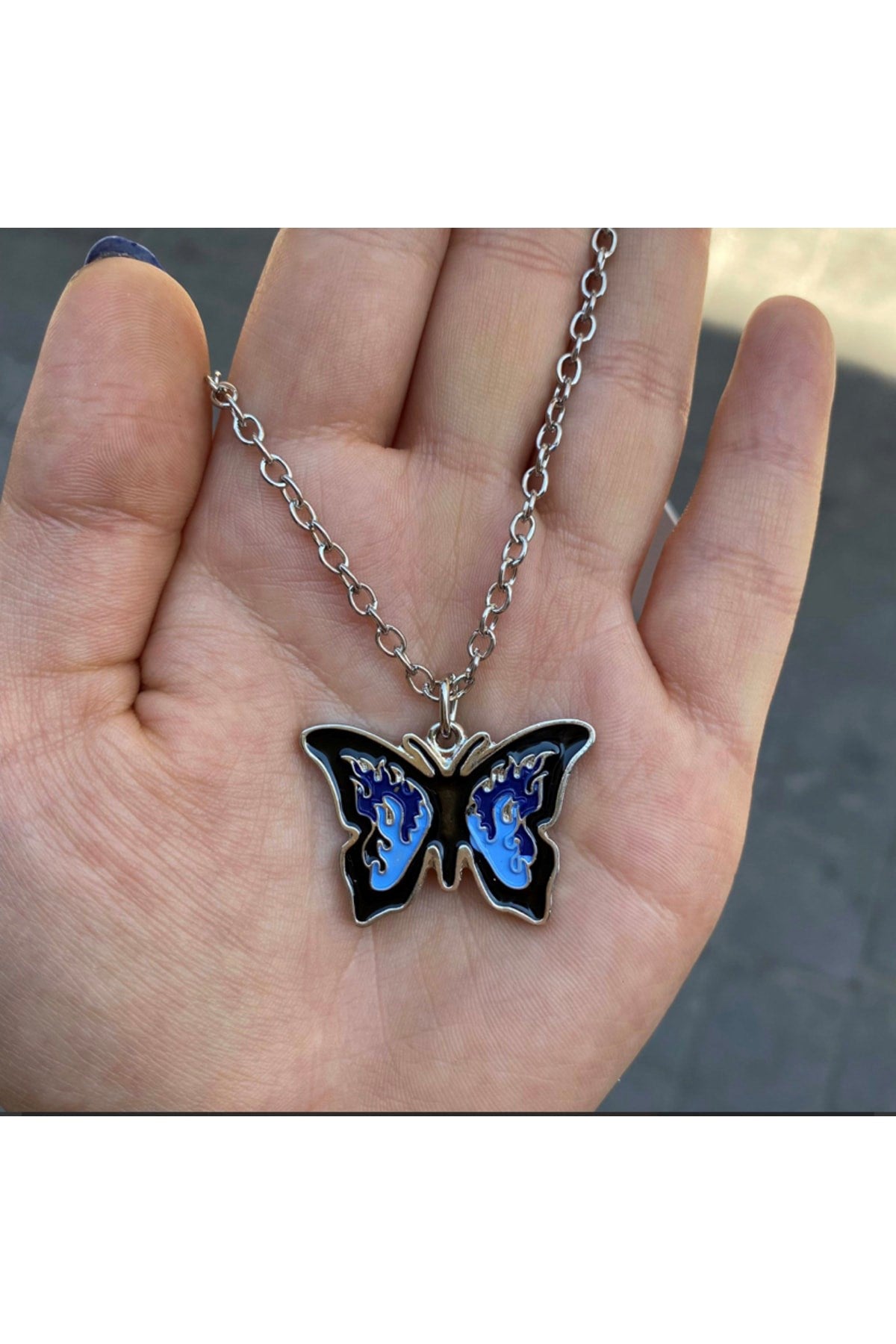 Anime Retro Vintage Aesthetic Blue Butterfly Zincirli Kolye