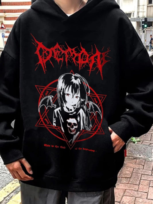 Anime Demon Slayer  Hoodie Outdoor Gotik Siyah Kapşonlu Sweatshirt  Daily