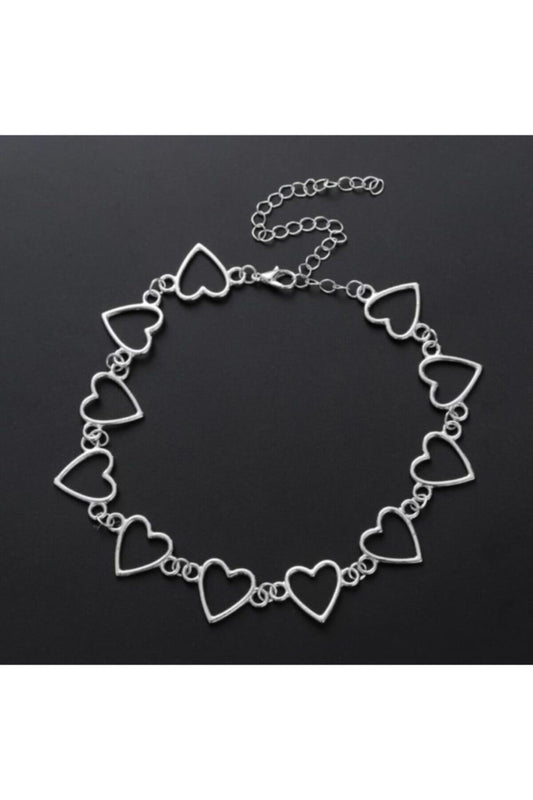 Kadın Gri Kalp Metal 35 Cm Zincirli Choker Hediyelik Bayan Kolye Takı