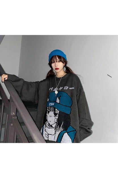 Harajuku Cartoon Anime Sokak Tarzı Oversize Relaxed Unisex Antrasit Kazak