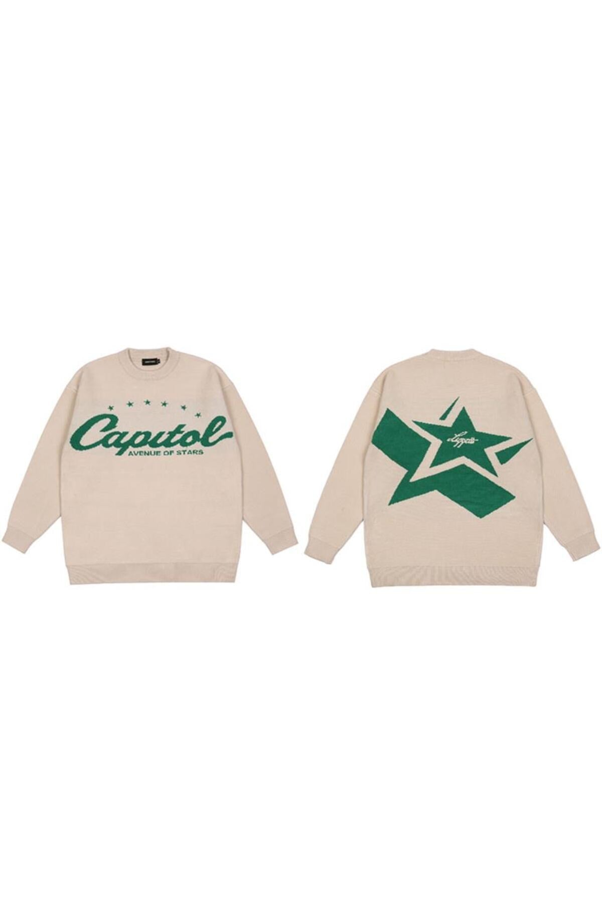 Day Light  Y2K Vintage Harajuku Star Capitol Ön Arka Baskılı Unisex Oversize Ecru Kazak