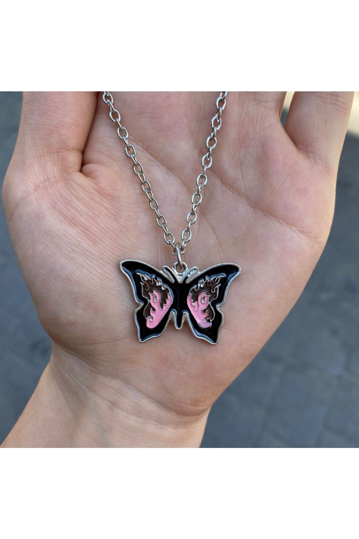 Anime Retro Vintage Aesthetic Pink Butterfly Zincirli Kolye