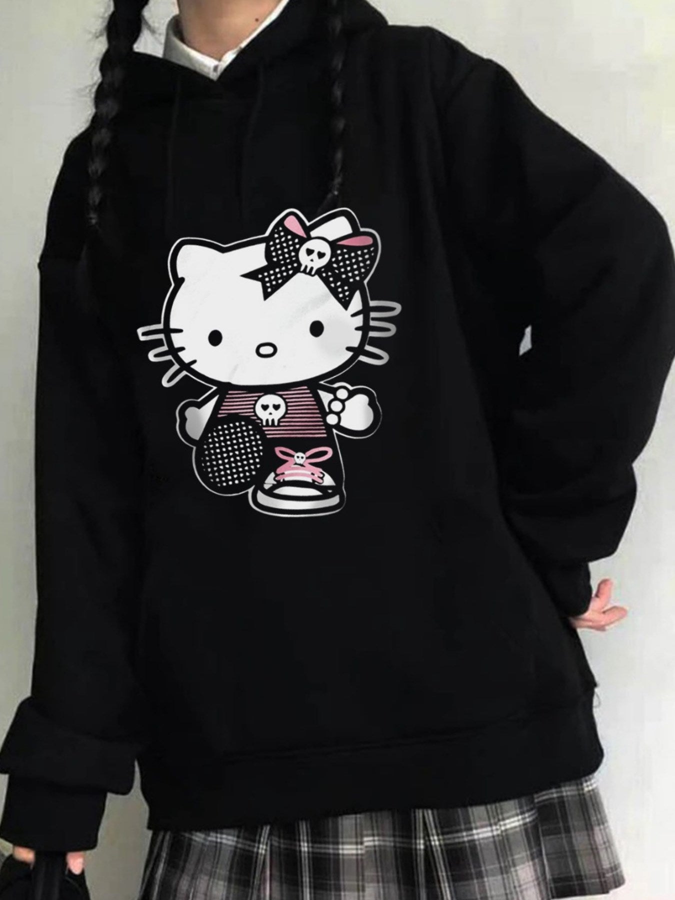 Anime Sanrio Hello Kity Sun Hoodie Outdoor Gotik Siyah Kapşonlu Sweatshirt 